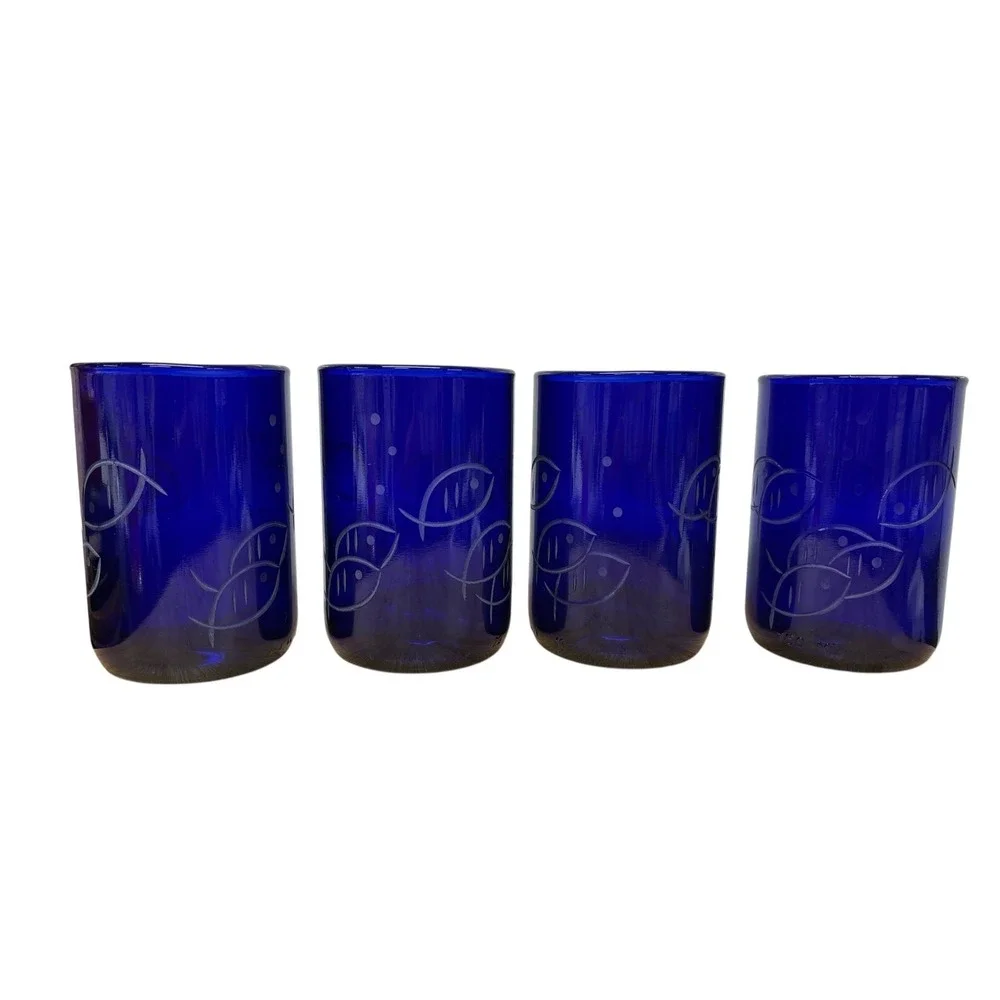 Rolf‎ Glass Blue Fish Twice Around 14 oz Recycled Glass Tumbler Set of 4 US Made
